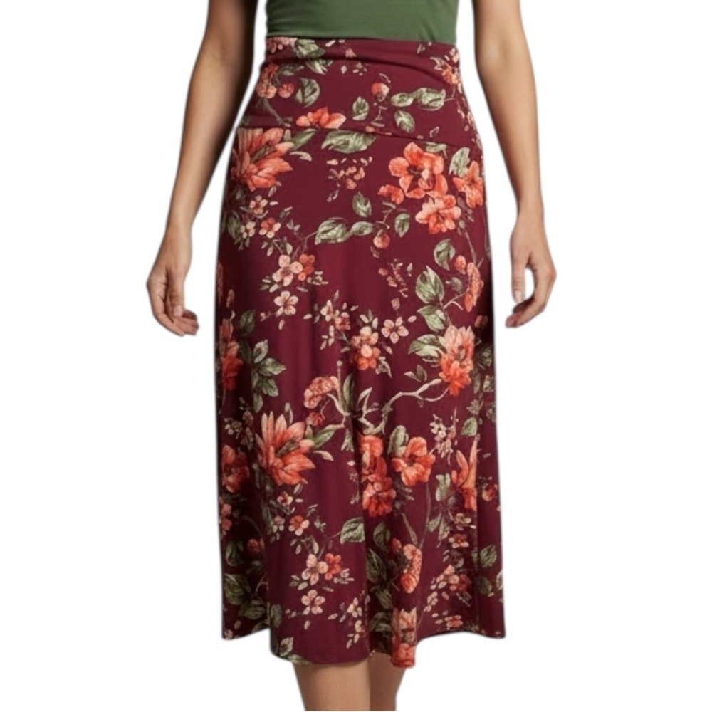 LulaRoe Burgundy/Peach Floral Hi-Lo Knee Length Midi XS